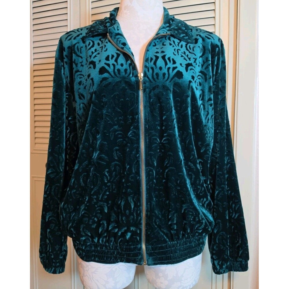 Vintage 80s TEDDI Baroque Pattern Velvet Velour Emerald Green Jacket Holiday Med